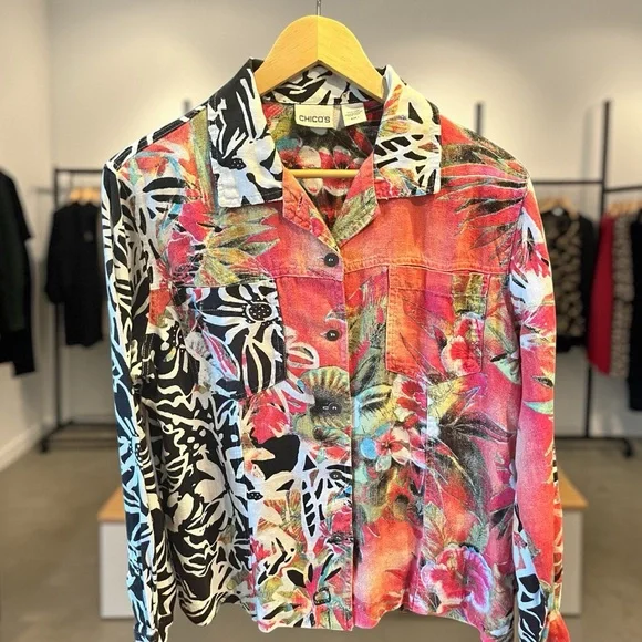 Chico's Multi-Color Tropical Floral 100% Linen Button-Up Shirt (NWOT) - Picture 3 of 11